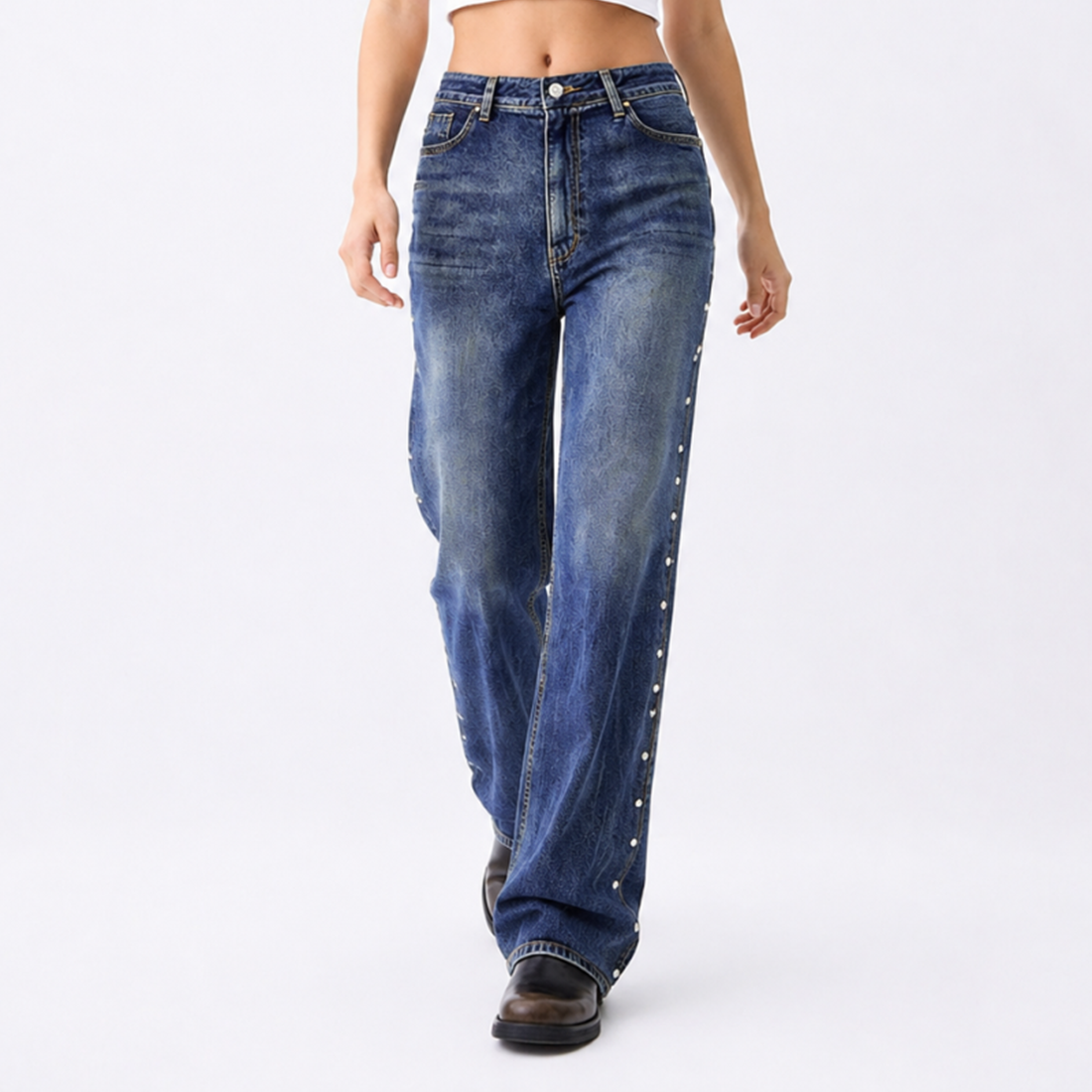 Women's High Waist Side Studded Wide Leg Jeans
