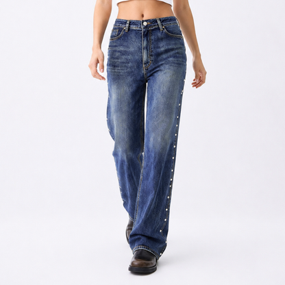 Women's High Waist Side Studded Wide Leg Jeans
