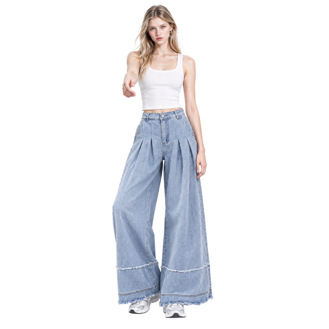 Women's High Waist Pleated Wide Leg Jeans