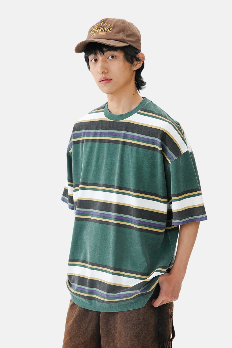Unisex Summer Cotton Washed Stripe Cityboy Crewneck Tee