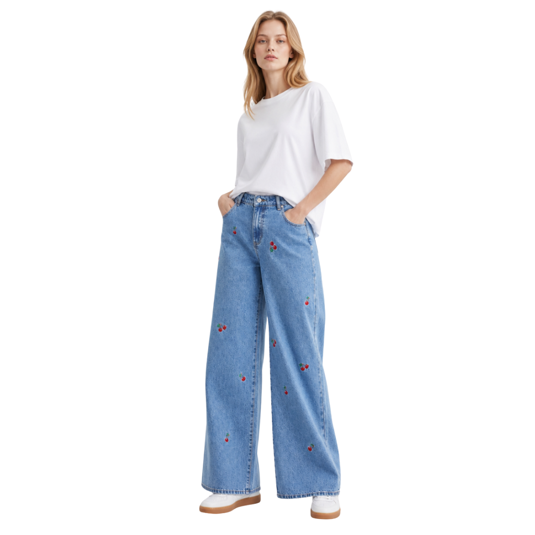 Women's High Waist Cherry Embroidered Wide Leg Jeans