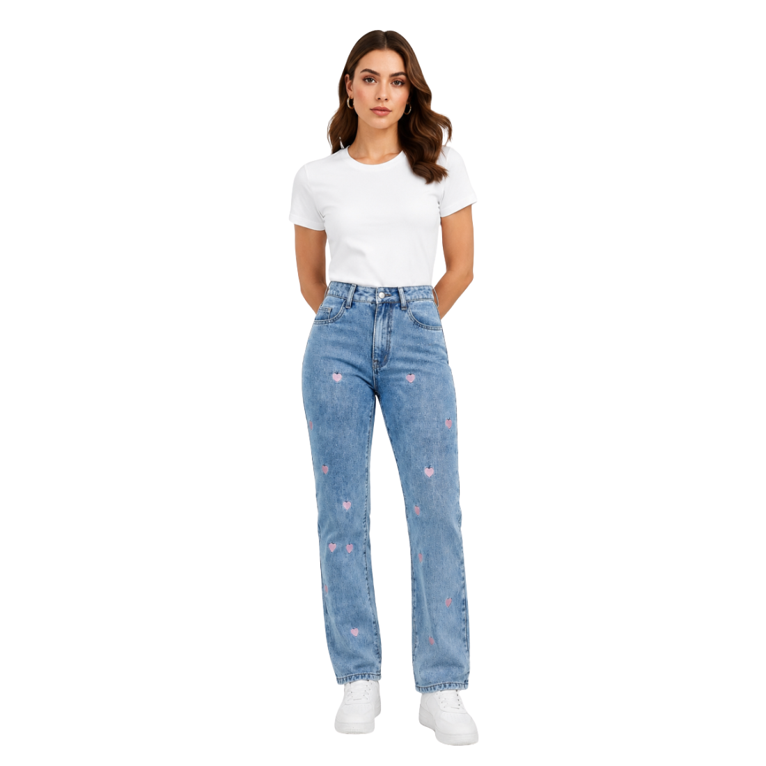 Women's Pink Heart Embroidered Straight Leg Jeans