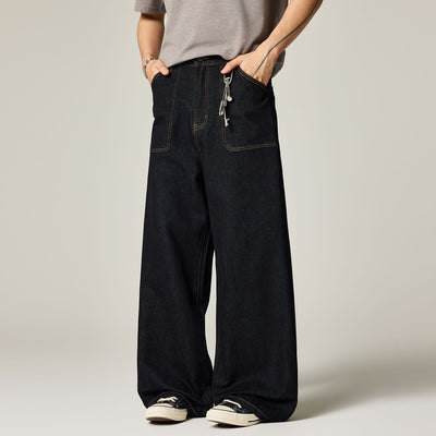Men's Spring Contrast Stitch Wide-Leg Denim Jeans