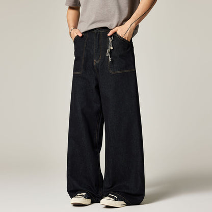 Men's Spring Contrast Stitch Wide-Leg Denim Jeans