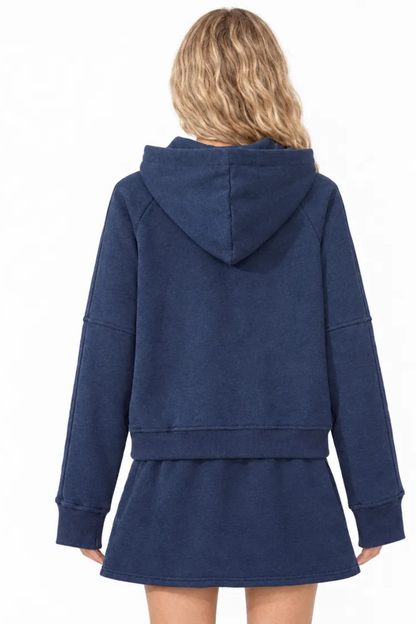 Women Spring Half Zip Cropped Hoodie Side Slit Skort Set