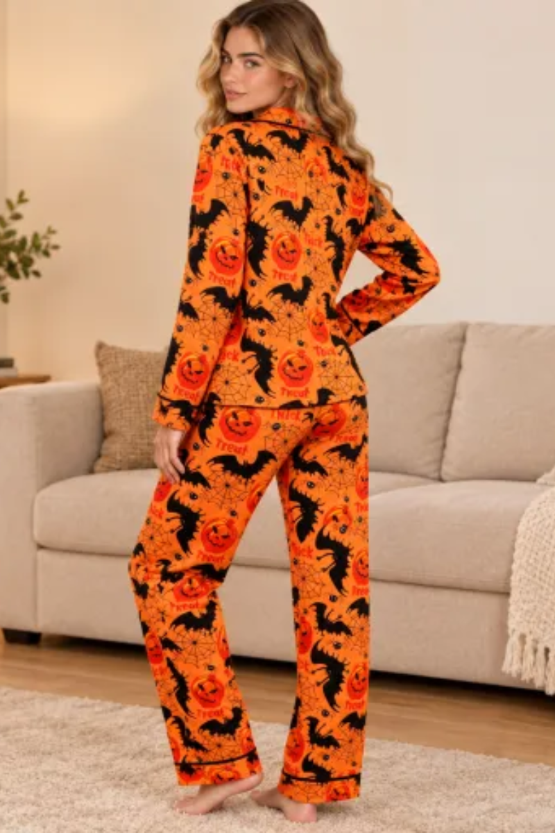 Women Fall Clothing Halloween Pumpkin Bat Web Pajama Set