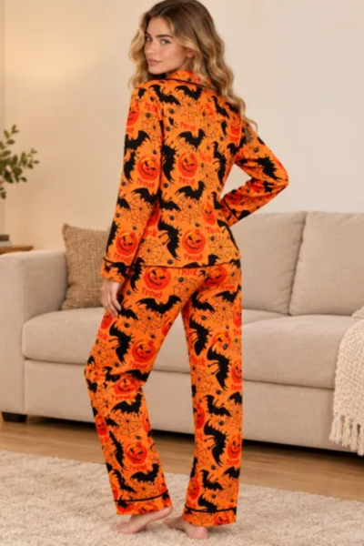 Women Fall Clothing Halloween Pumpkin Bat Web Pajama Set