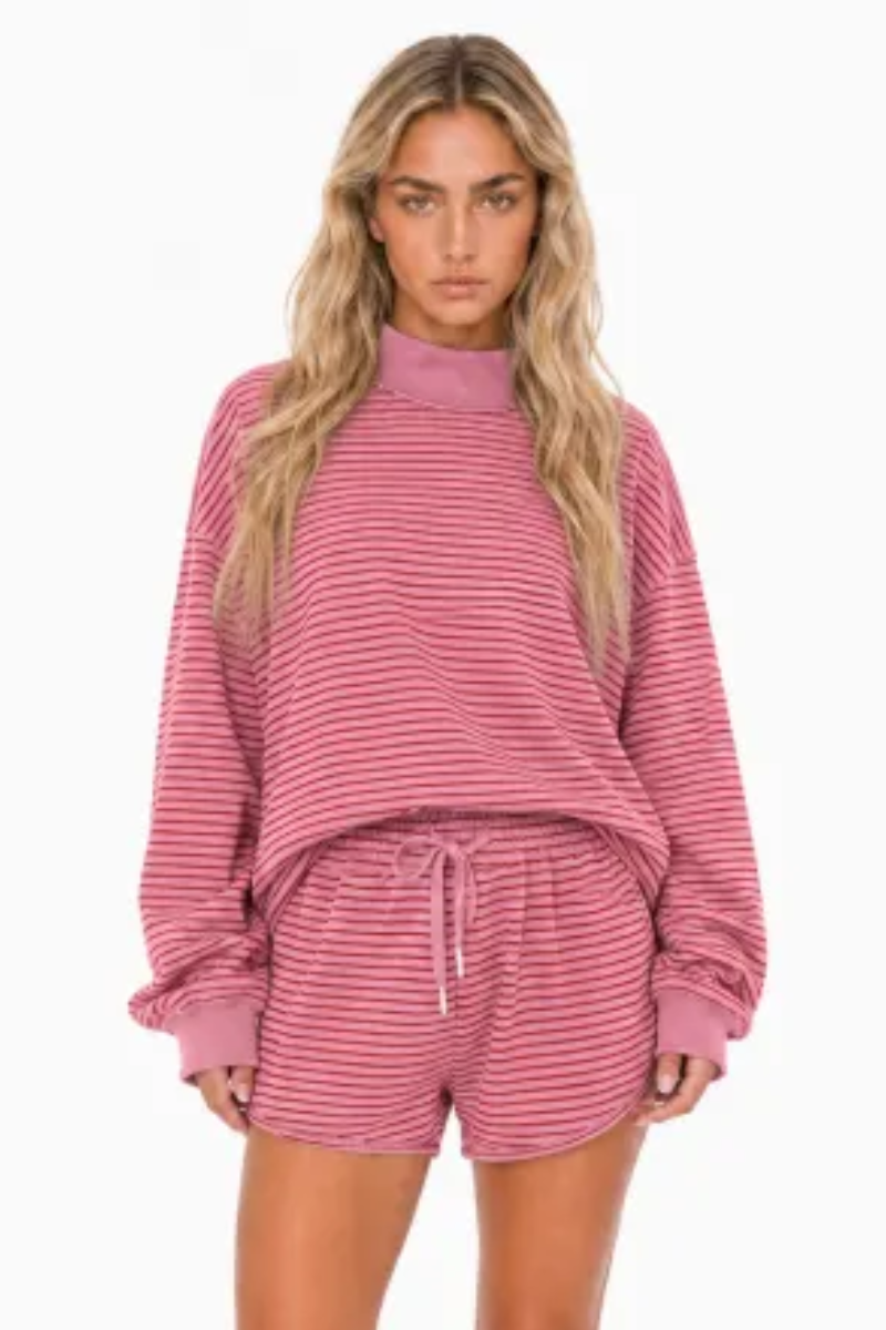 Women Fall Striped Mock Neck Sweatshirt Shorts 2 Piece Set