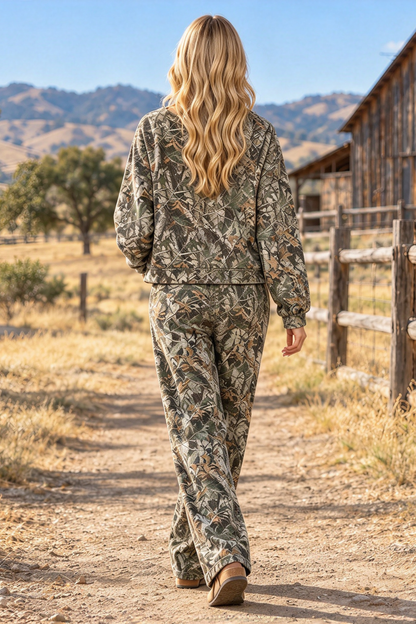 Women's Fall Abstract Print Multi-Pocket 2 Piece Set