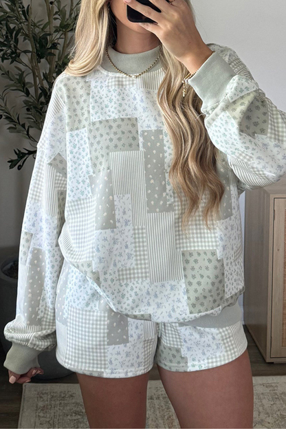 Women Spring Patchwork Print Drawstring Shorts Outfit Set