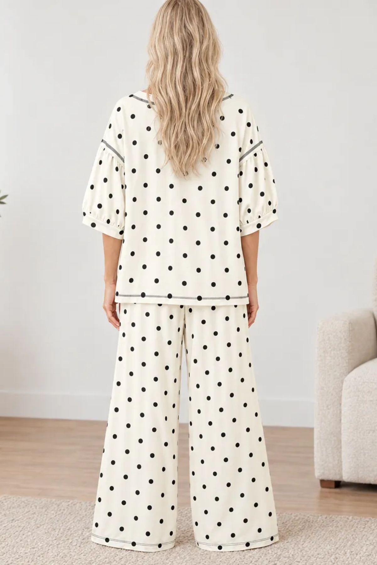 Women's Summer Polka Dot Print Midi Sleeve 2 Piece Set