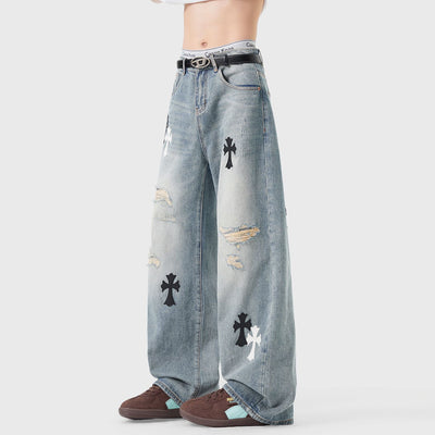 Men's Spring Light Blue Ripped Cross Patch Denim Jeans