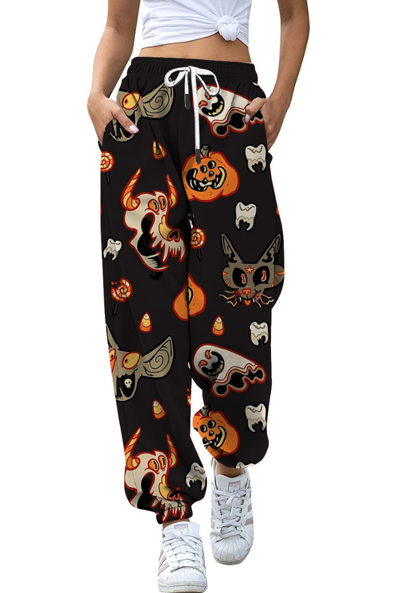 Women Fall Halloween Pumpkin Cat Print Jogger Pants