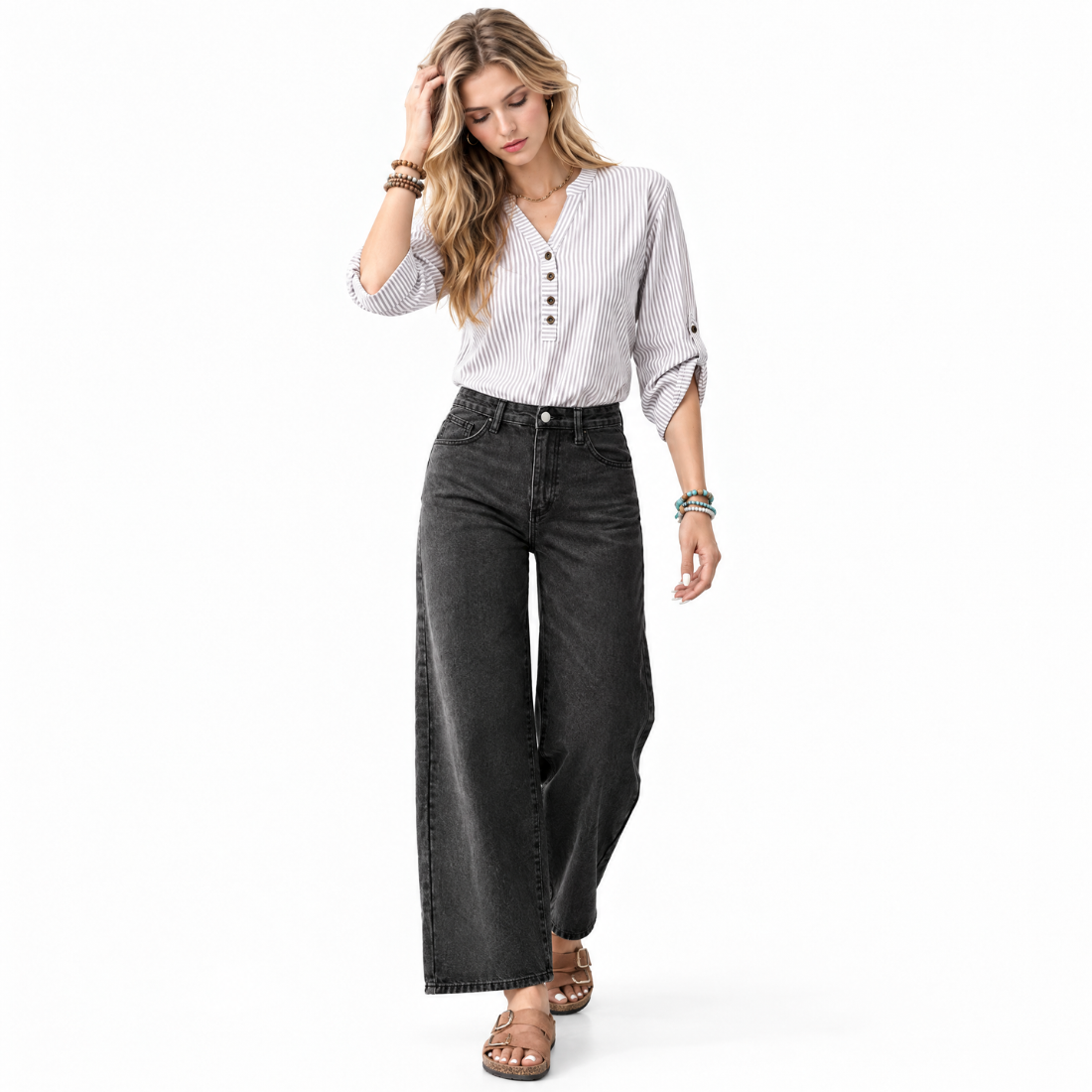 Women's Vintage Washed Black High Waist Wide Leg Jeans