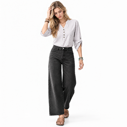 Women's Vintage Washed Black High Waist Wide Leg Jeans
