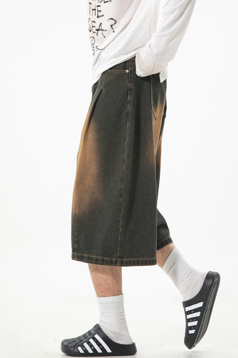 Men's Summer Washed Pleated Straight Cropped Denim Shorts