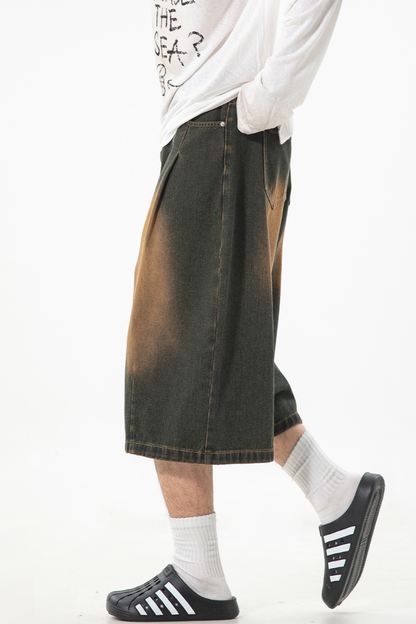 Men's Summer Washed Pleated Straight Cropped Denim Shorts