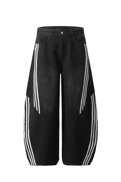Unisex Summer Cotton Washed Contrast Stripe Wide-Leg Jeans