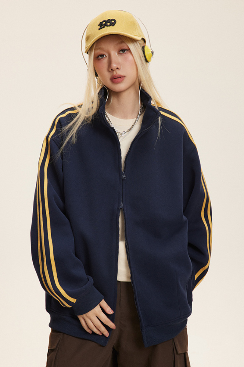 Unisex American Retro 3-Stripe Zip Hoodie - Oversized
