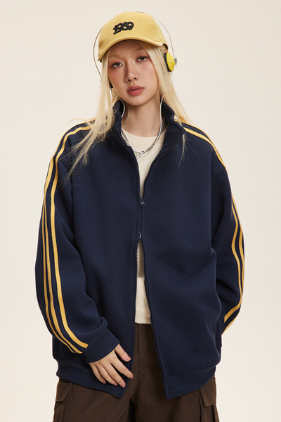 Unisex American Retro 3-Stripe Zip Hoodie - Oversized