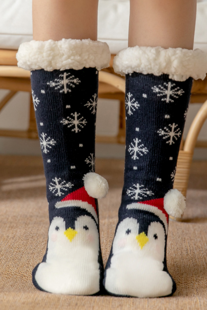 Women Winter Christmas Fleece Cuff Non Slip Slipper Socks