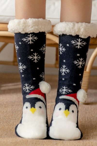 Women Winter Christmas Fleece Cuff Non Slip Slipper Socks
