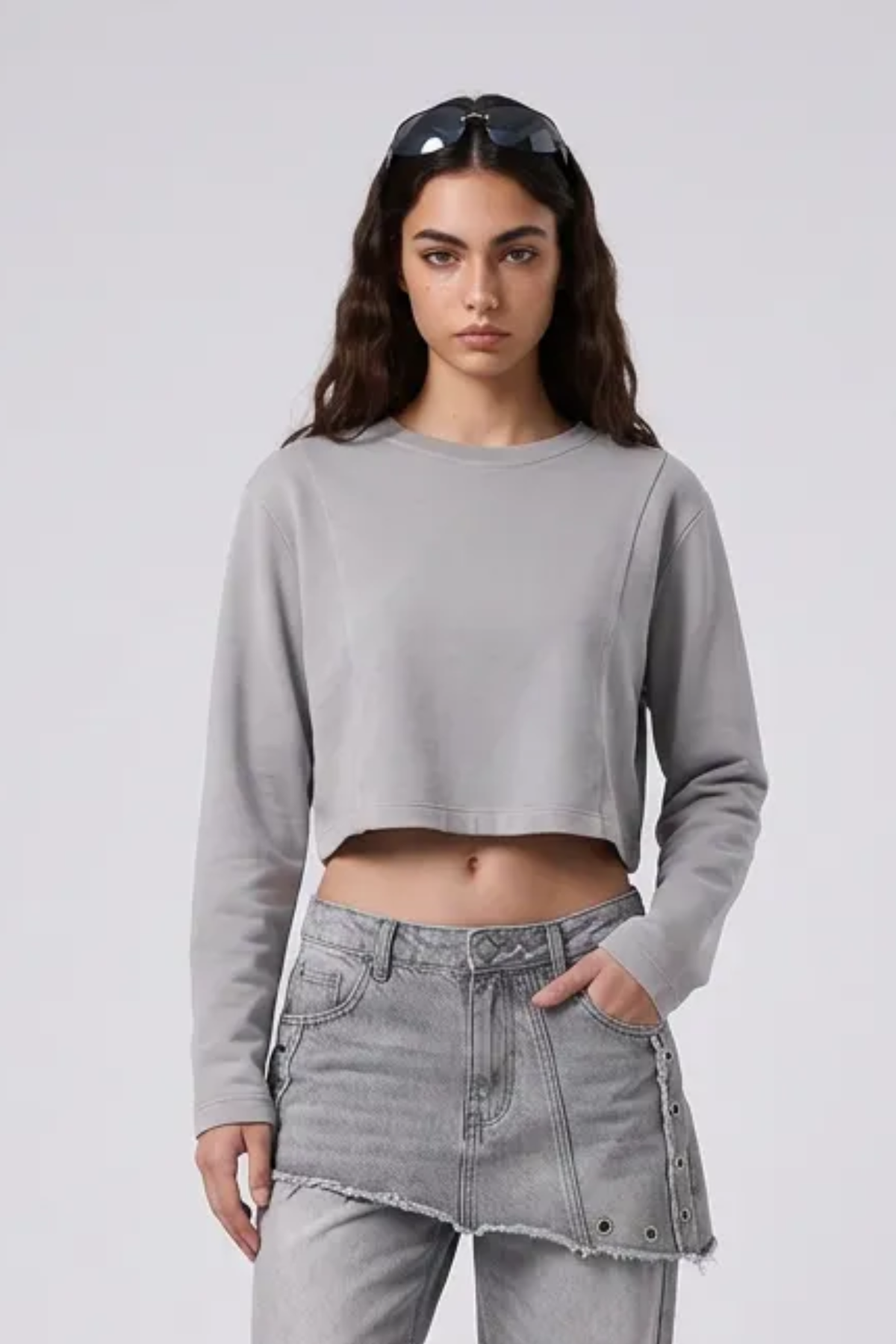 Women's Washed Raw Cut Patchwork Boxy Crewneck Sweatshirt