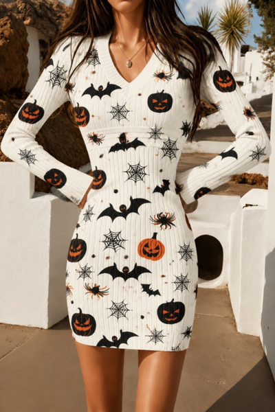 Women Fall Clothing Halloween Pumpkin Ribbed Bodycon Dress