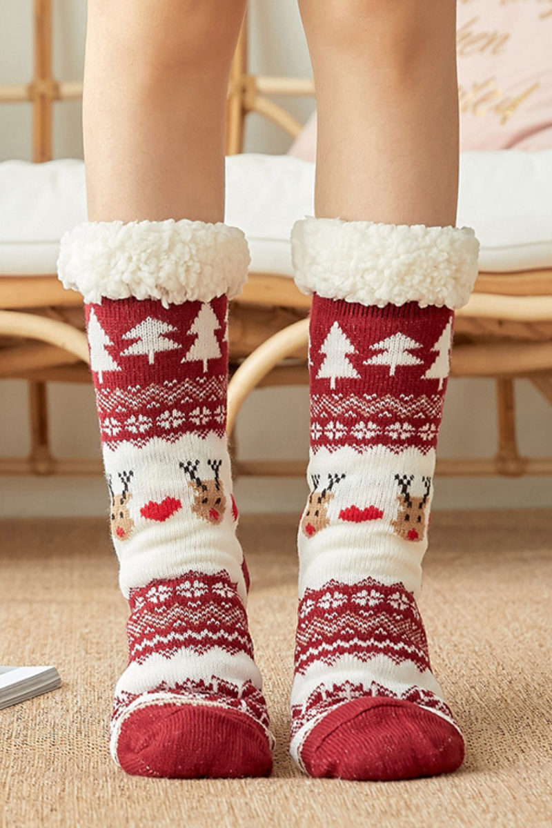 Women Winter Christmas Fleece Cuff Non Slip Slipper Socks