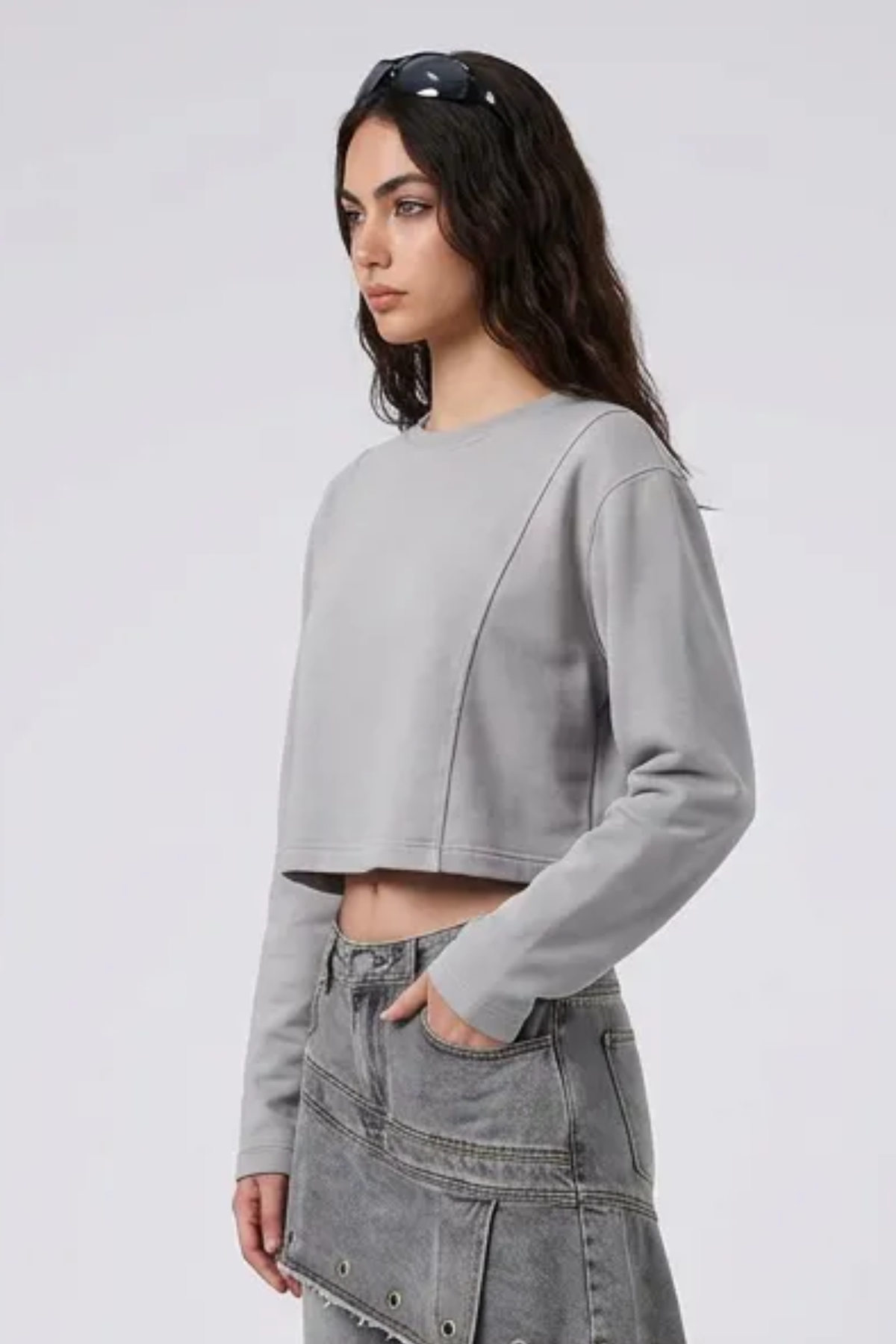 Women's Washed Raw Cut Patchwork Boxy Crewneck Sweatshirt