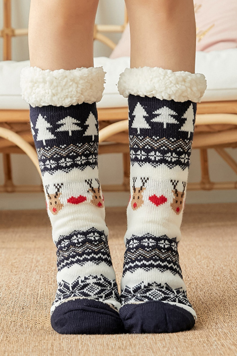 Women Winter Christmas Fleece Cuff Non Slip Slipper Socks