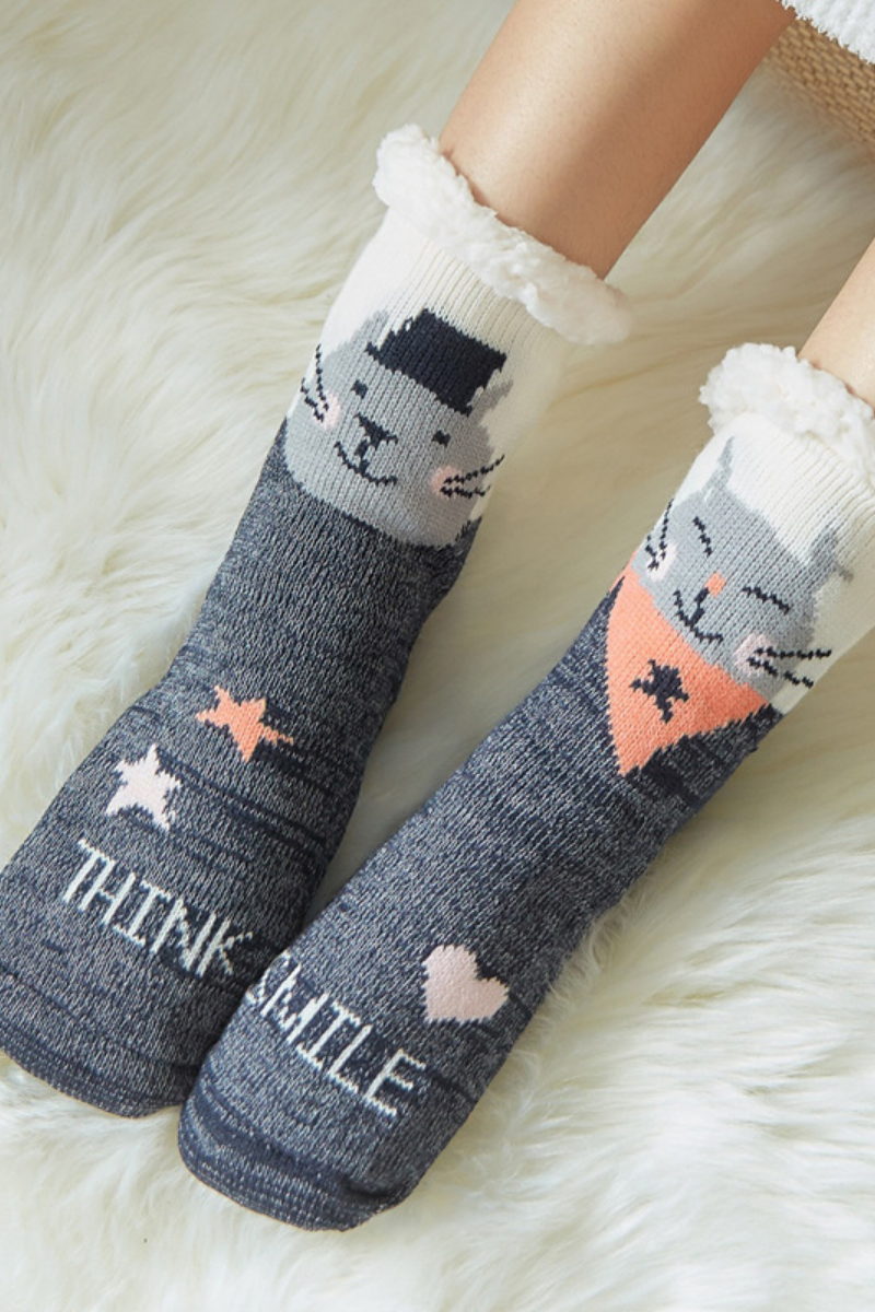 Women Winter Christmas Fleece Cuff Non Slip Slipper Socks