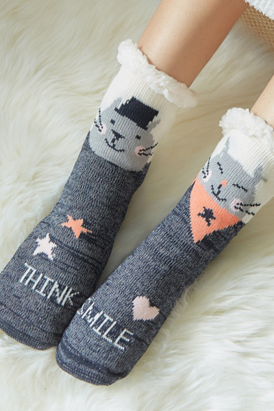 Women Winter Christmas Fleece Cuff Non Slip Slipper Socks