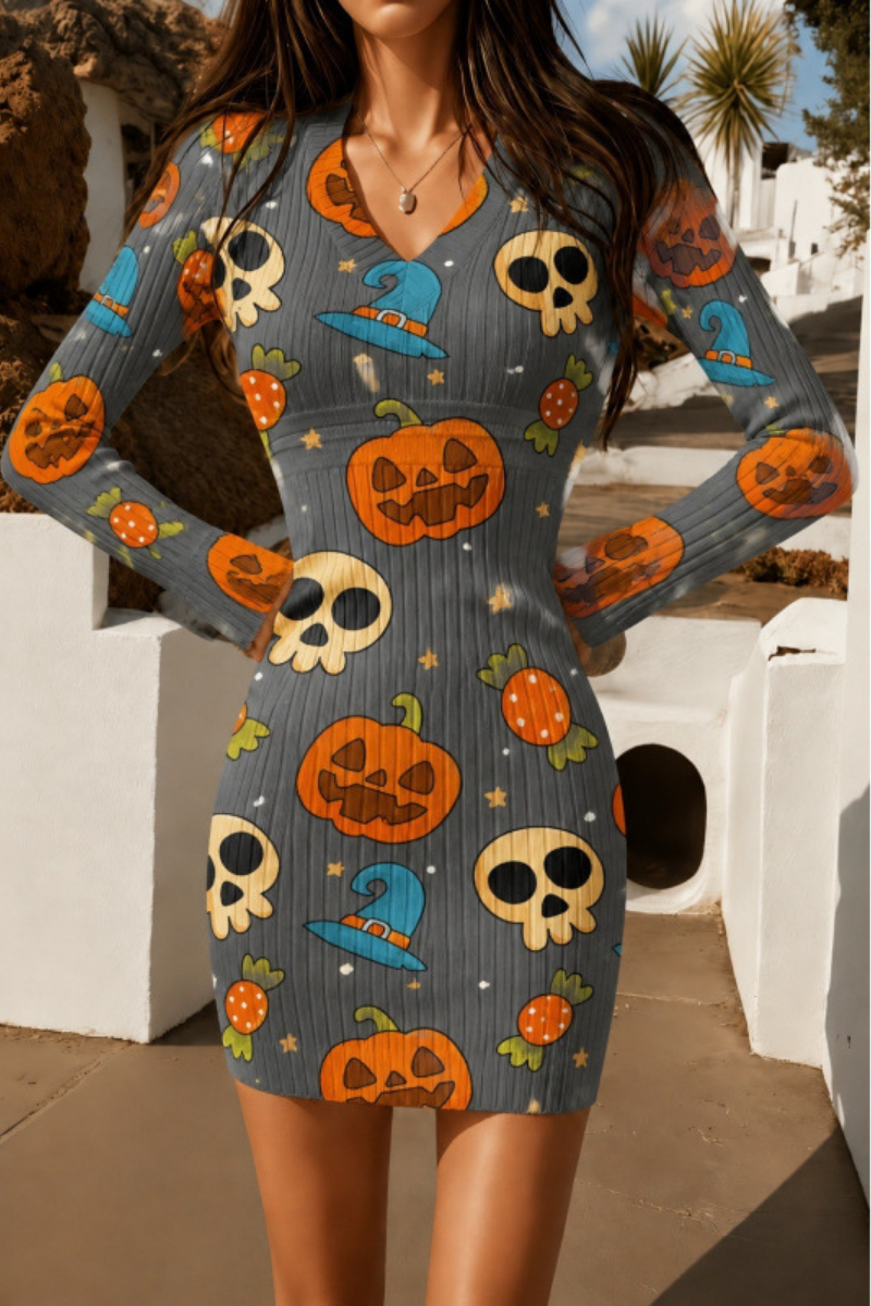 Women Fall Halloween Pumpkin Ribbed Bodycon Mini Dress
