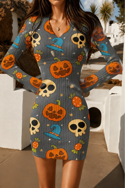 Women Fall Halloween Pumpkin Ribbed Bodycon Mini Dress