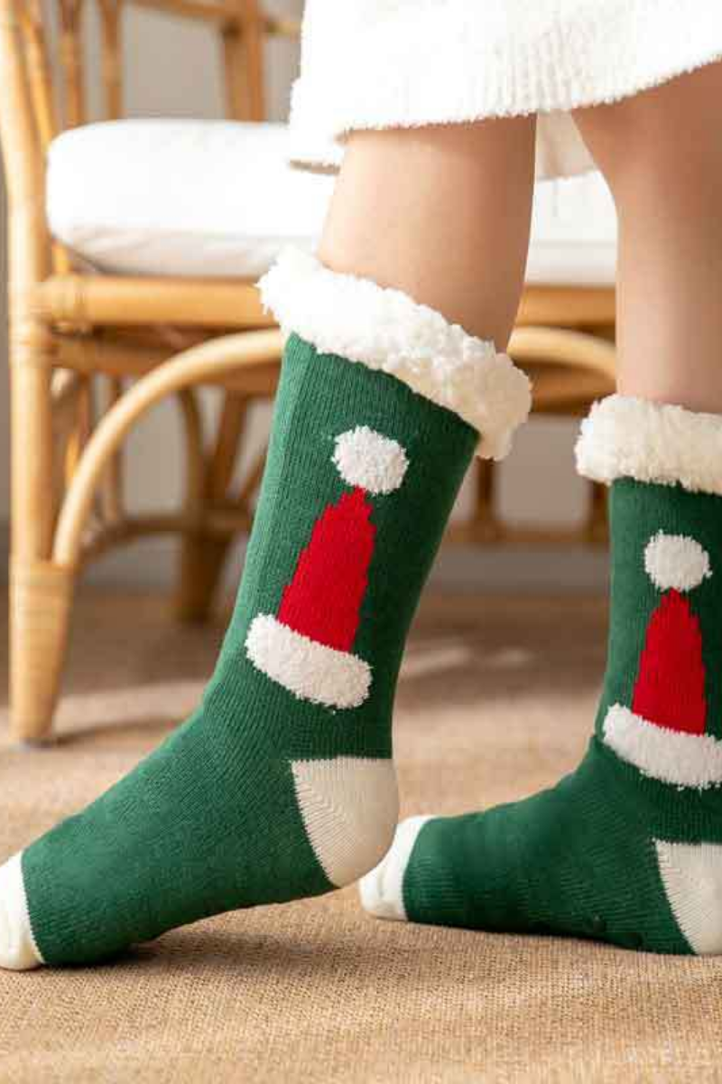Women Winter Christmas Fleece Cuff Non Slip Slipper Socks