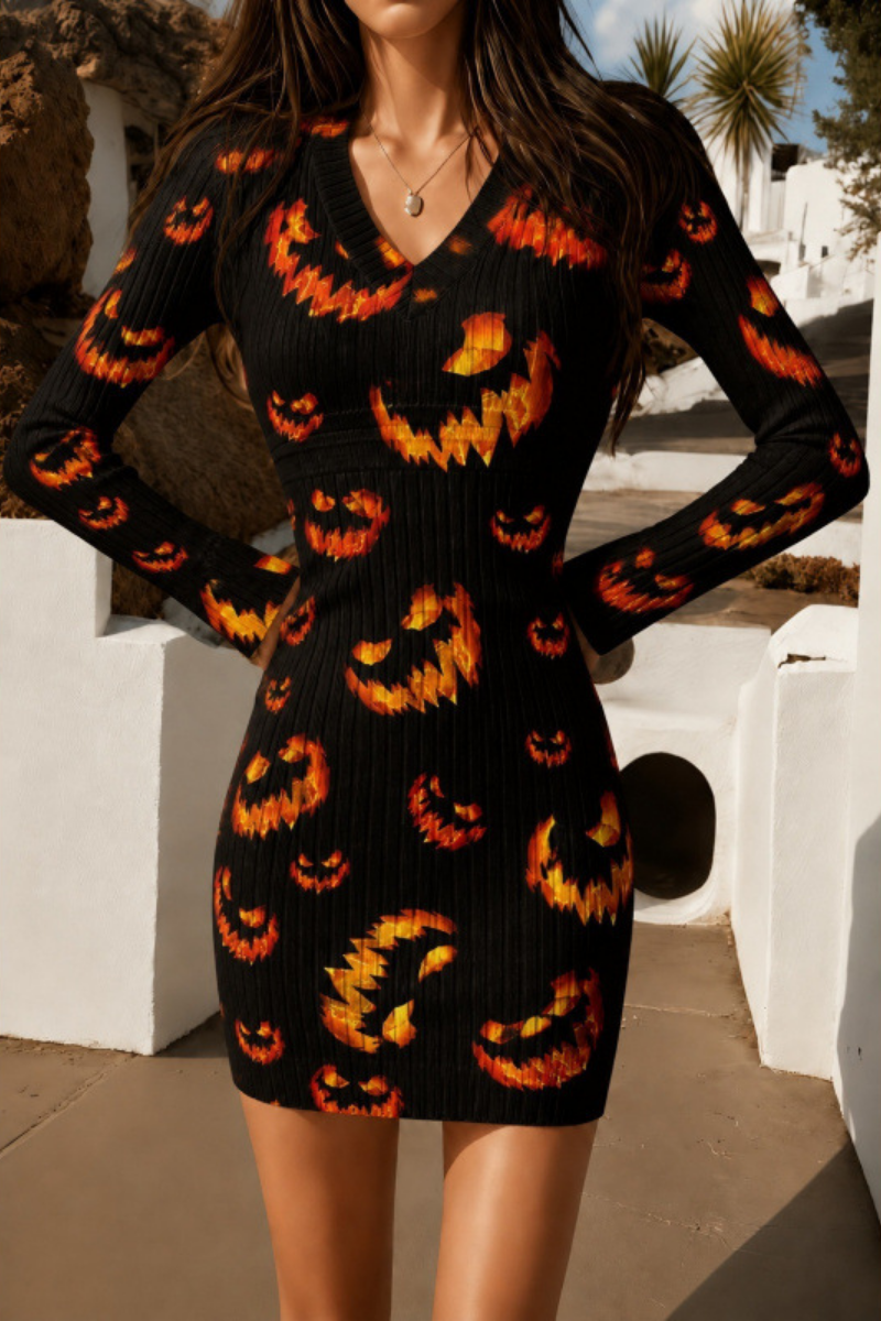 Women Fall Halloween Pumpkin Ribbed Bodycon Mini Dress