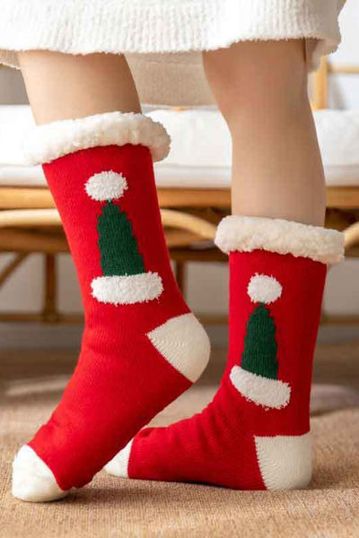 Women Winter Christmas Fleece Cuff Non Slip Slipper Socks