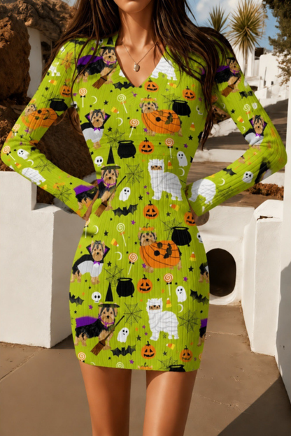 Women Fall Halloween Pumpkin Ribbed Bodycon Mini Dress