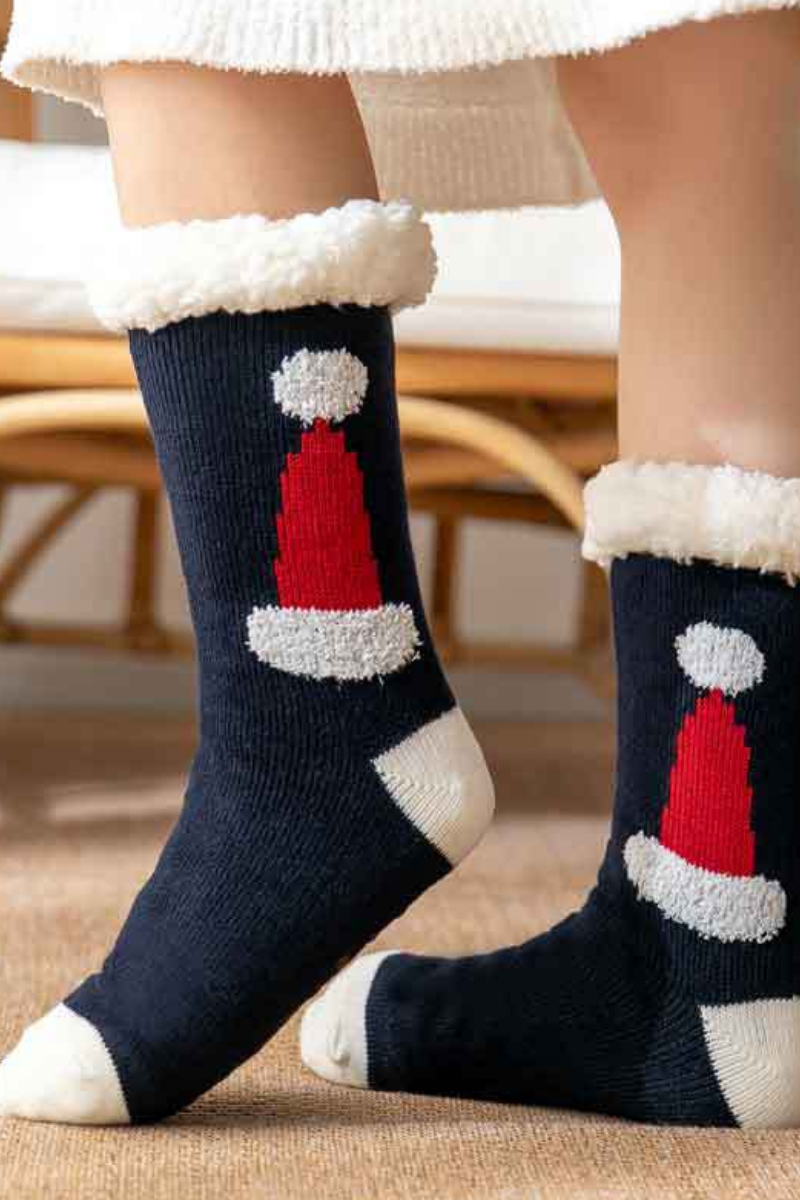 Women Winter Christmas Fleece Cuff Non Slip Slipper Socks