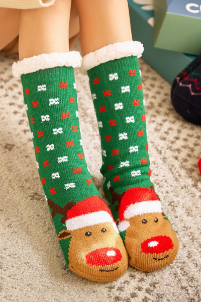 Women Winter Christmas Fleece Cuff Non Slip Slipper Socks
