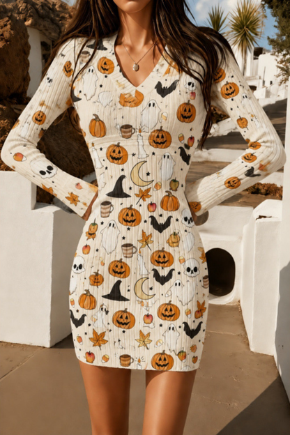 Women Fall Halloween Pumpkin Ribbed Bodycon Mini Dress