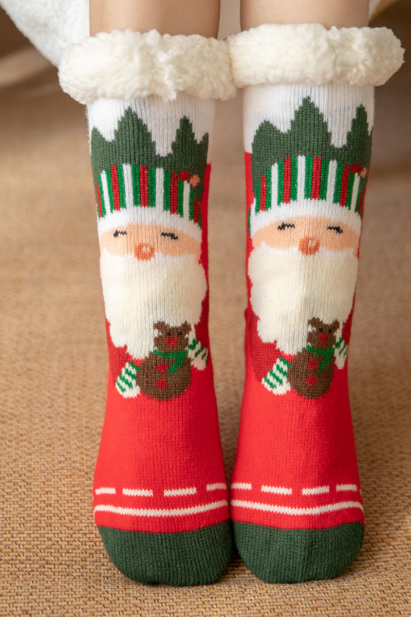 Women Winter Christmas Fleece Cuff Non Slip Slipper Socks