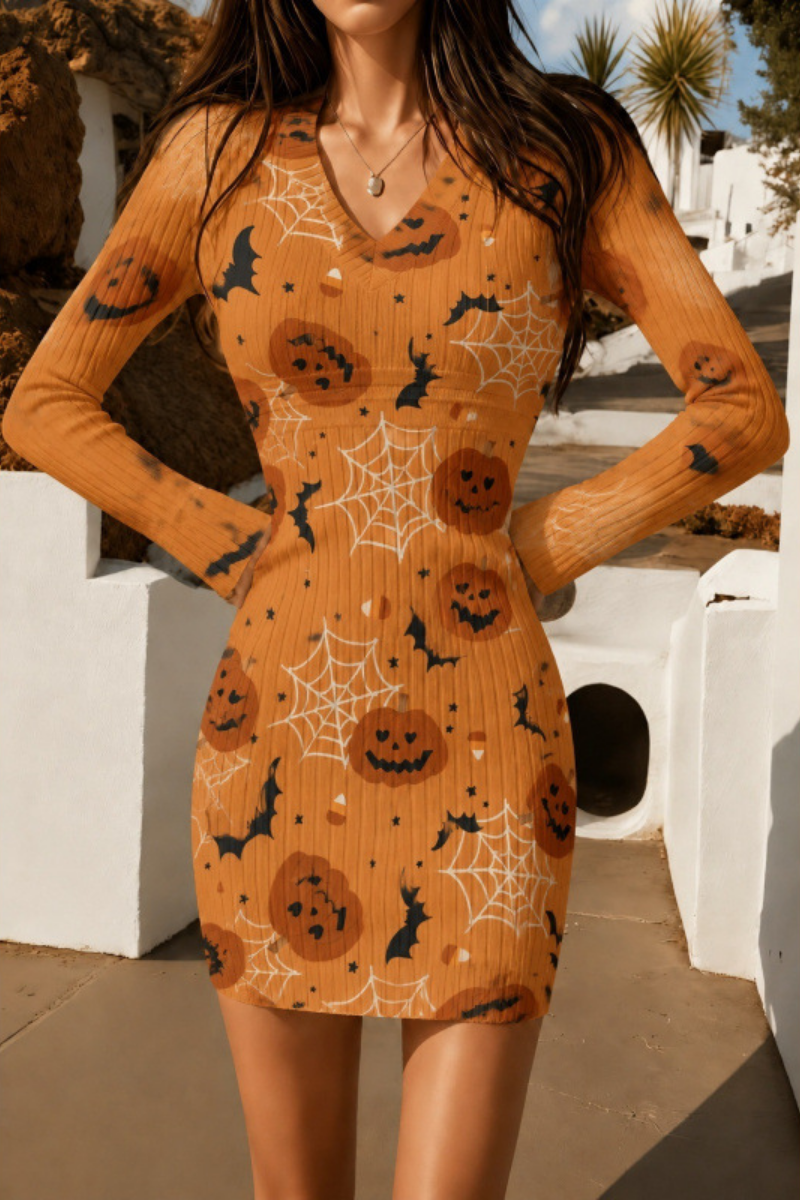 Women Fall Halloween Pumpkin Ribbed Bodycon Mini Dress