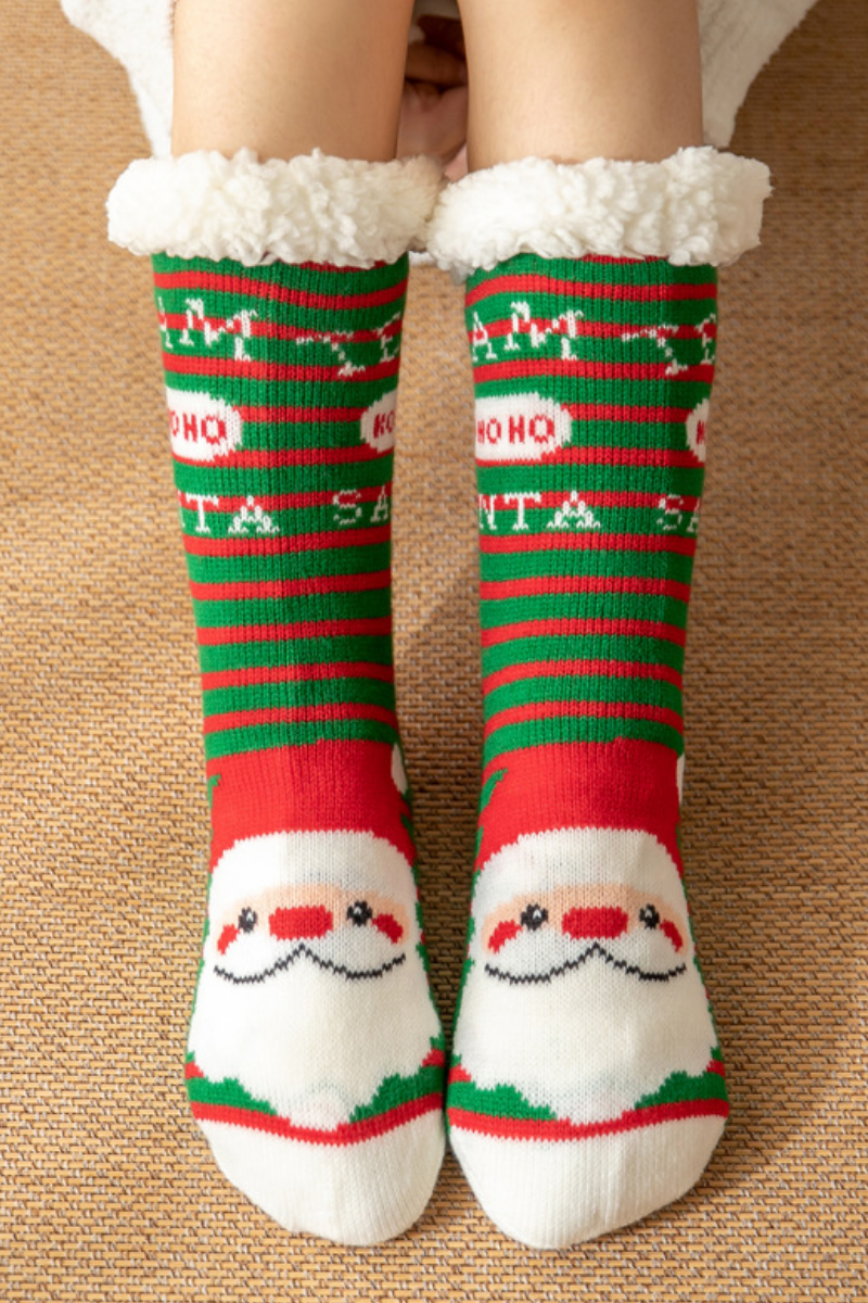 Women Winter Christmas Fleece Cuff Non Slip Slipper Socks