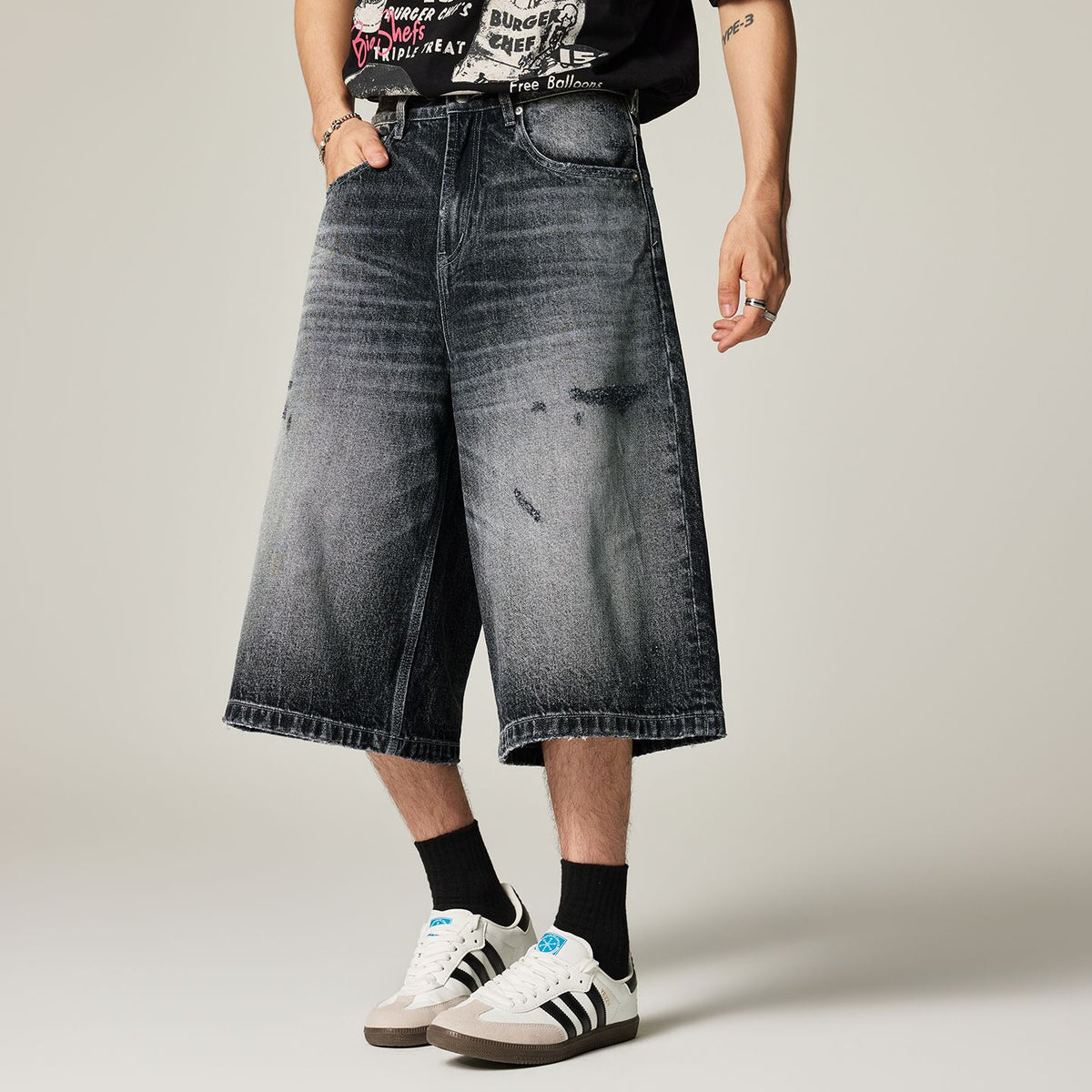 Men's Summer Gradient Cat Whisker Distressed Denim Shorts