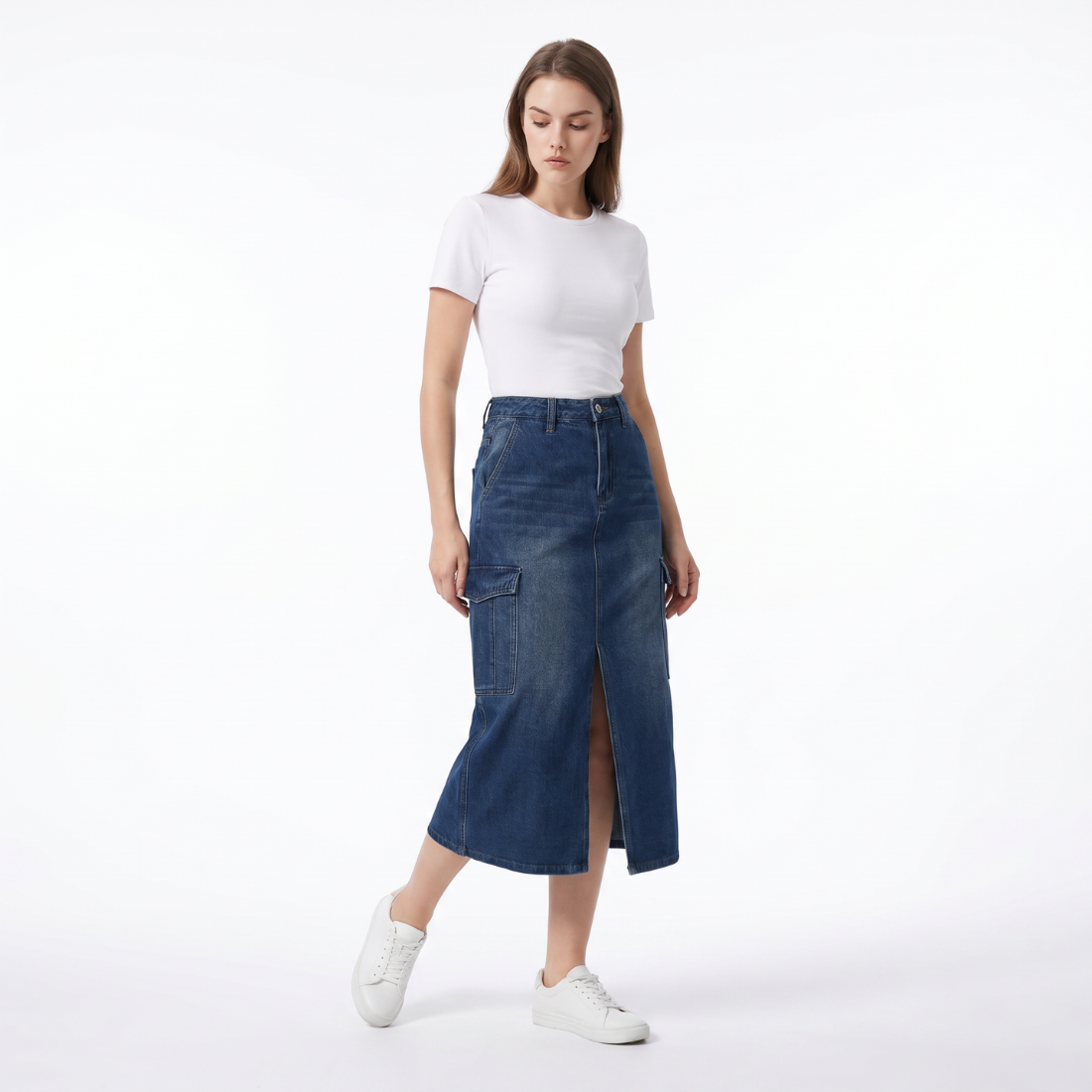 Women's High Waist Front Slit Denim Midi Skirt