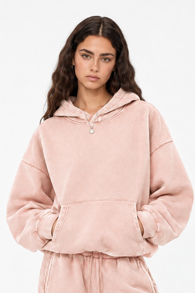 Women Fall Clothing Faded Wash Fleece Curved Sleeve Hoodie