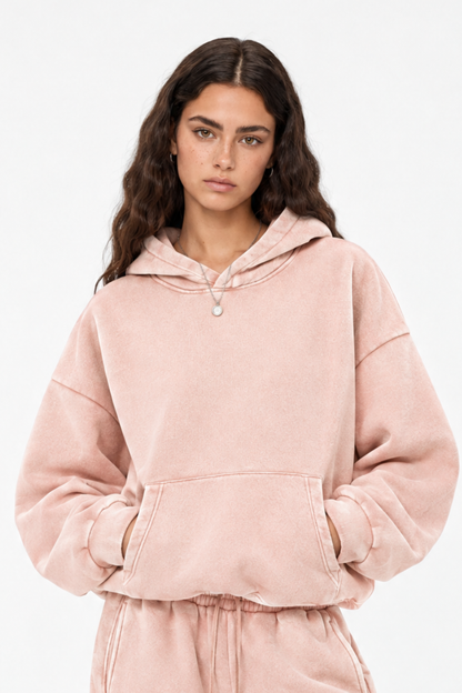 Women Fall Clothing Faded Wash Fleece Curved Sleeve Hoodie