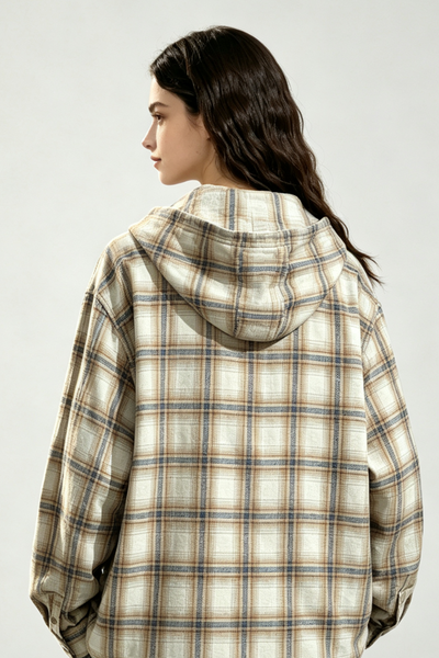 Women's Spring Vintage Hooded Plaid Button-Down Overshirt